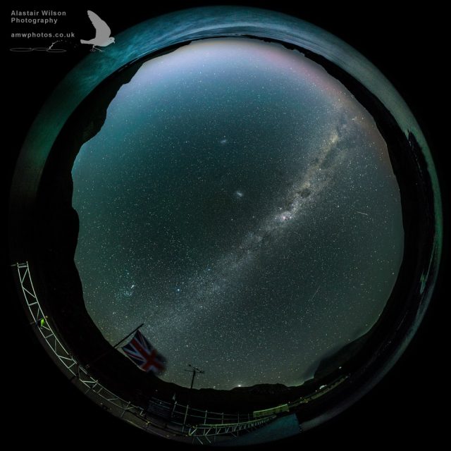 Round image of the Bird Island night sky